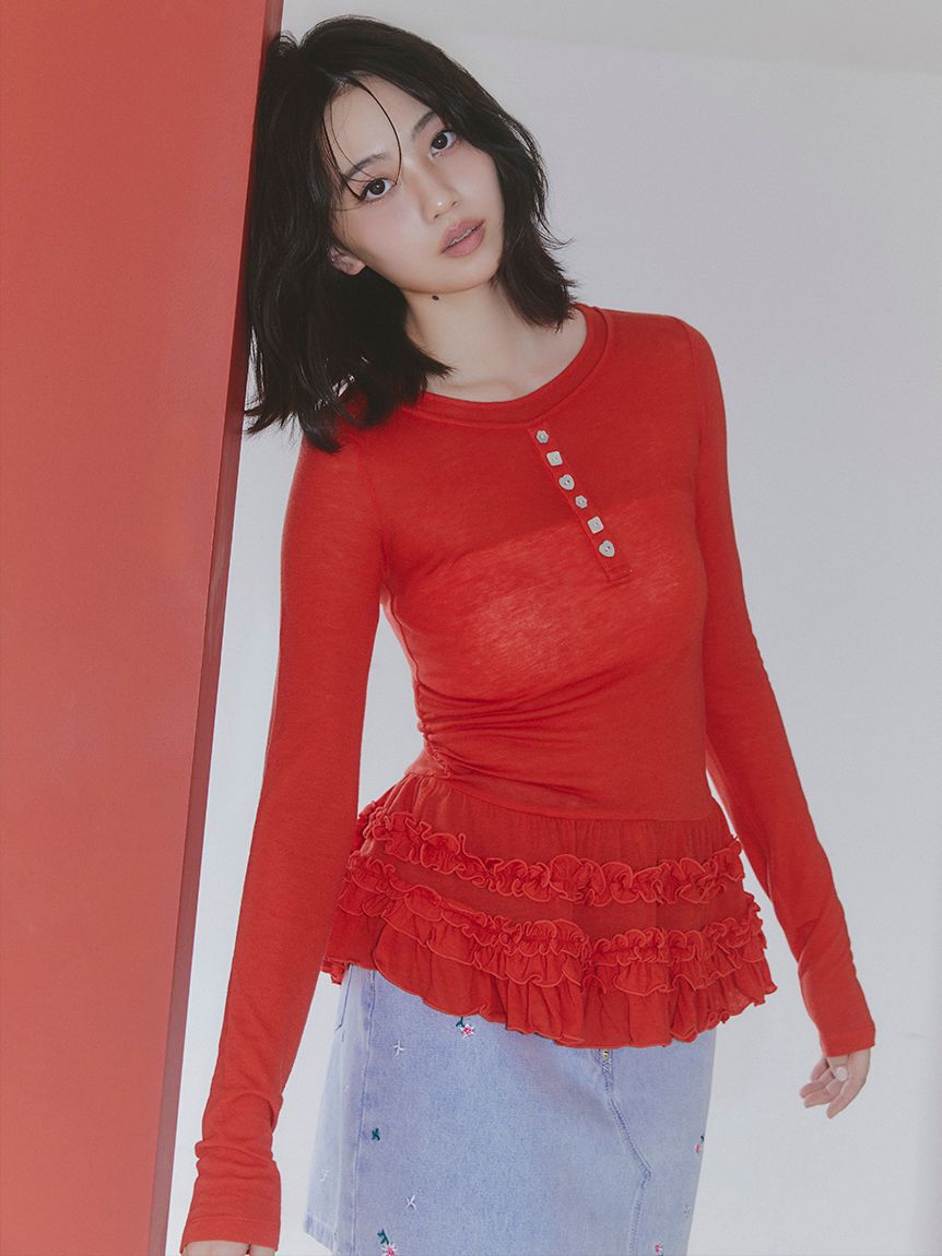 FURFUR「裾フリルジャージートップス」|Tシャツ・カットソー|RED