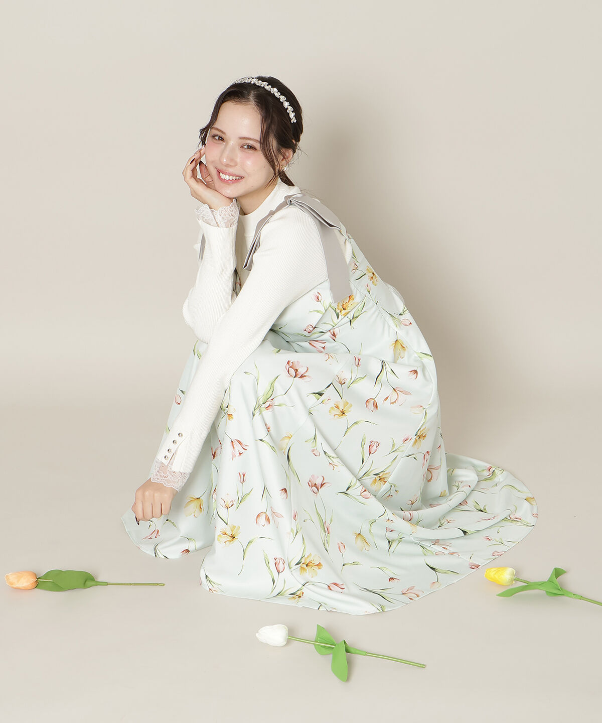 WILLSELECTION「リボンショルダーチューリップフレアワンピース」|ワンピース|ｸﾞﾘｰﾝ系花柄