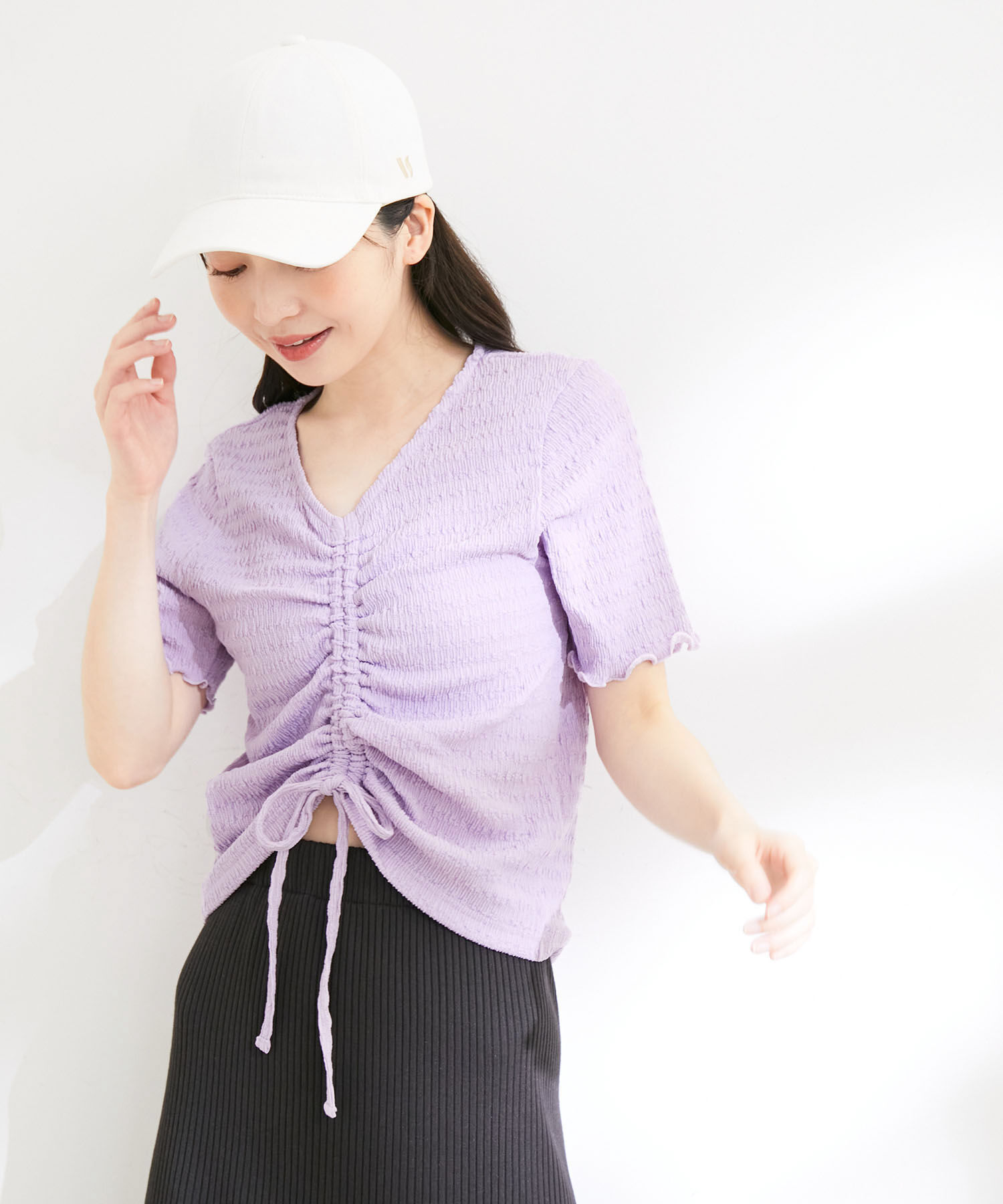 VIS「【洗える】ぽこぽこフロントシャーリングカットソー」|Tシャツ・カットソー|