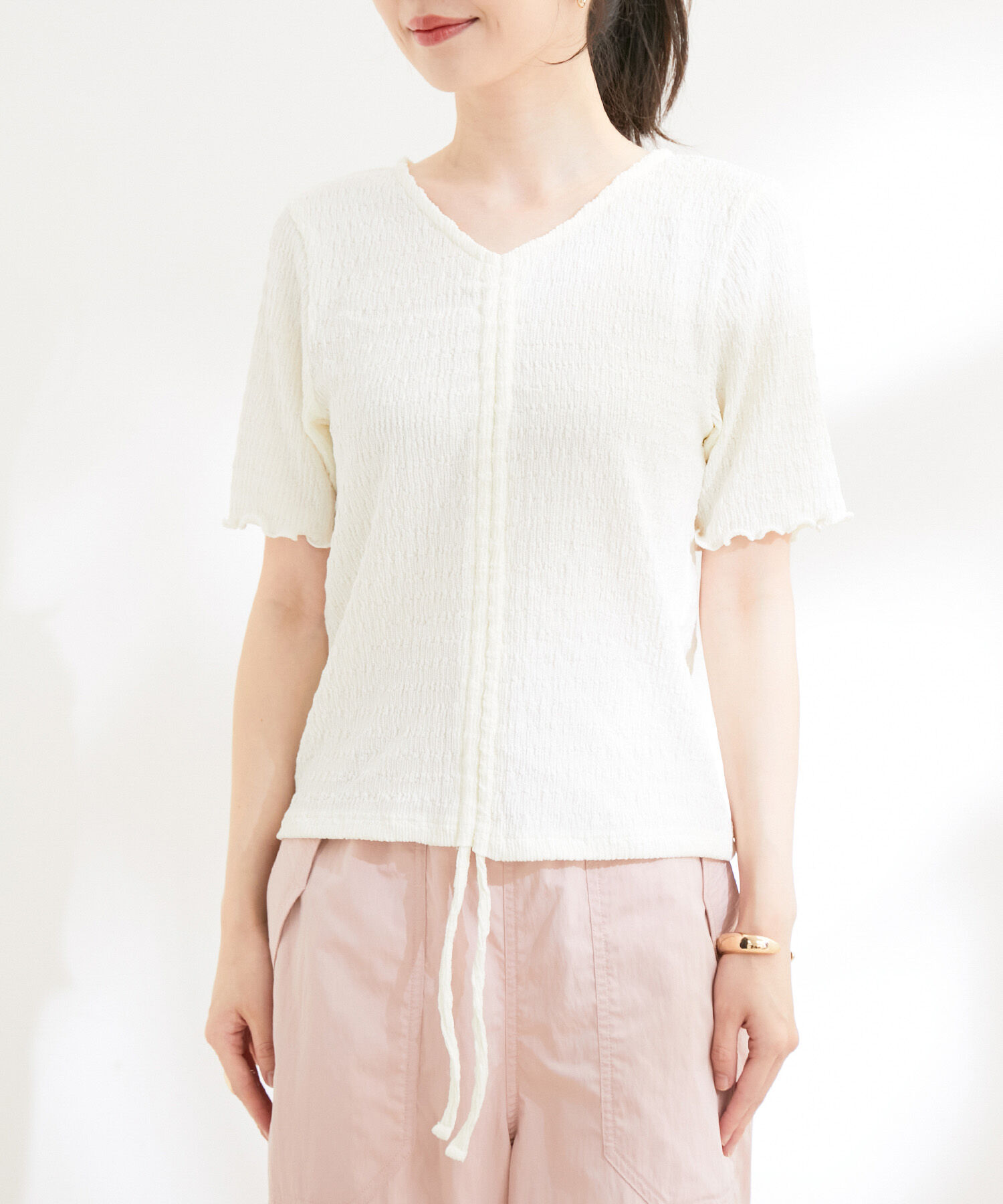 VIS「【洗える】ぽこぽこフロントシャーリングカットソー」|Tシャツ・カットソー|