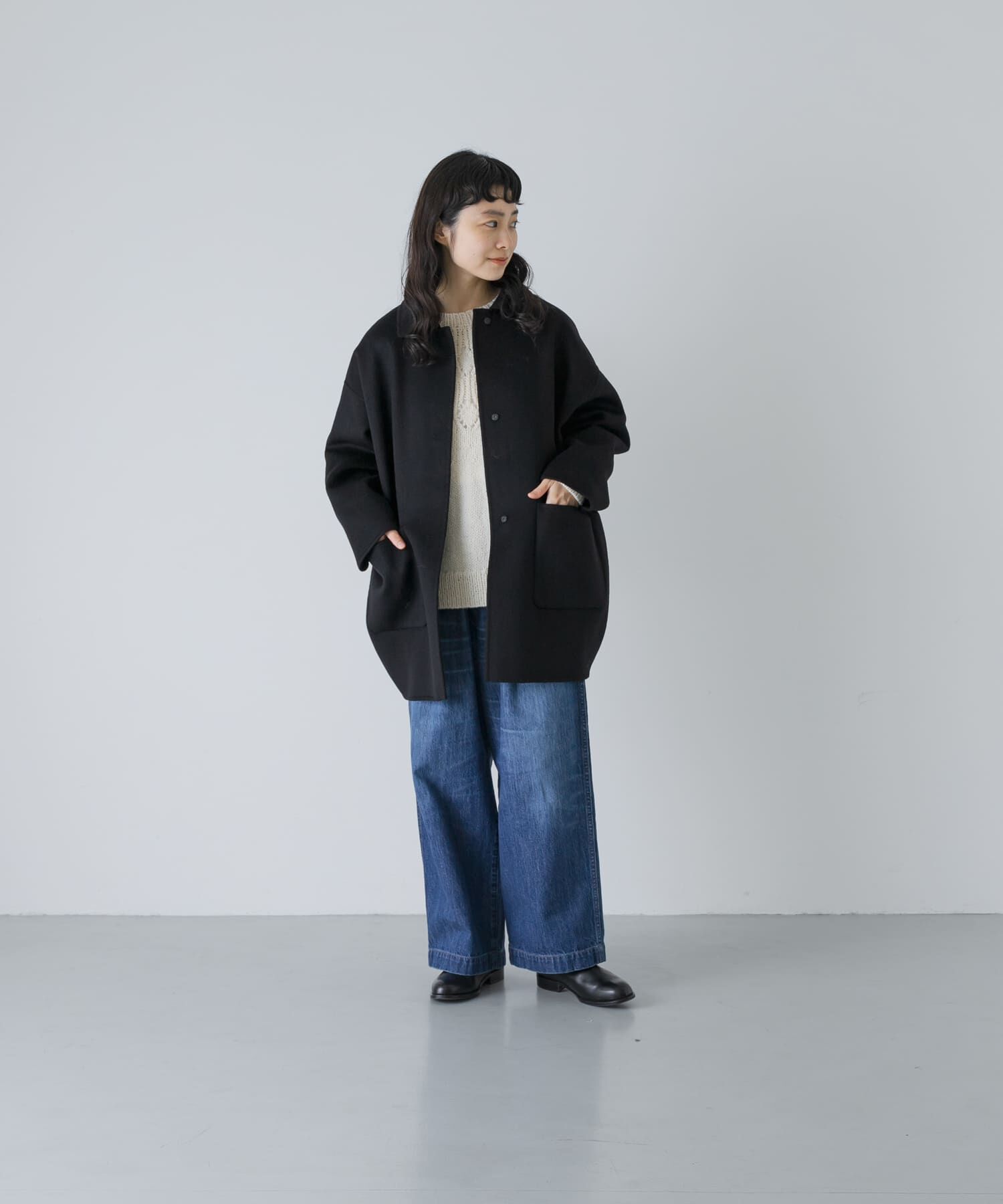 かぐれ「ウールステンカラーショートコート」|ノーカラーコート|