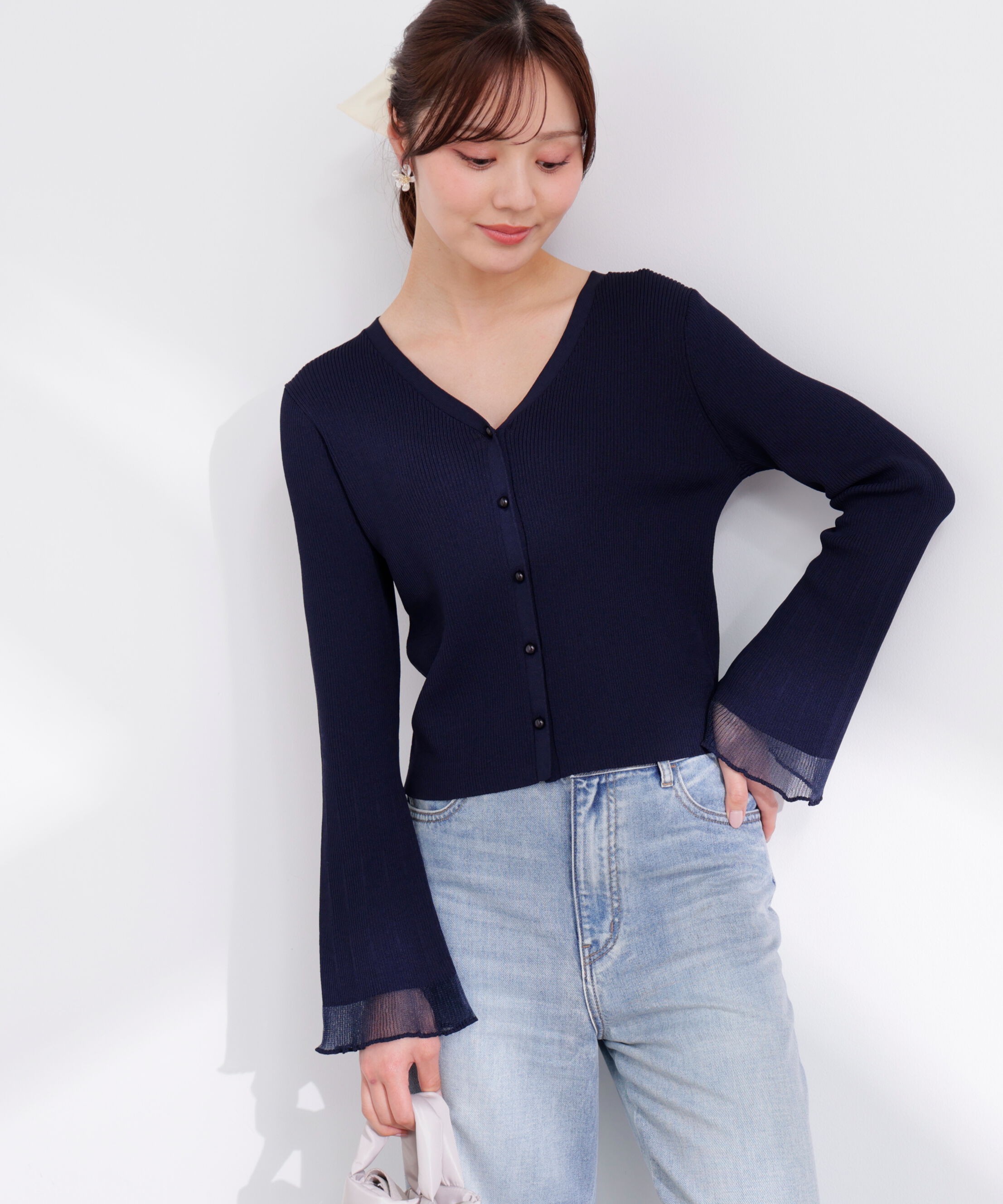 PROPORTION BODY DRESSING「部分シアーリブカーディガン 26SS」|カーディガン|ネイビー