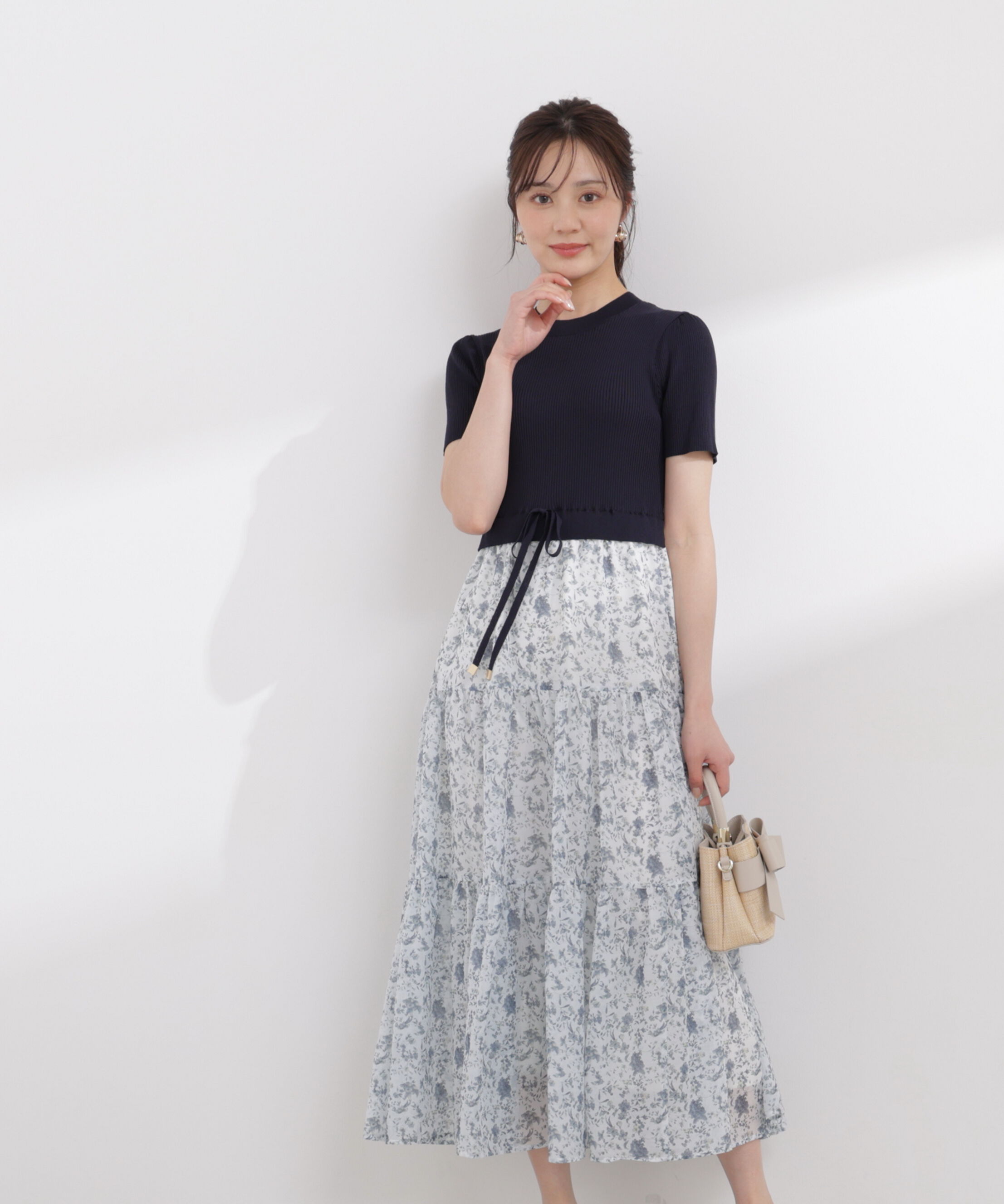 PROPORTION BODY DRESSING「半袖花柄ドッキングニットワンピース 26SS」|ワンピース|ネイビー&times;ホワ