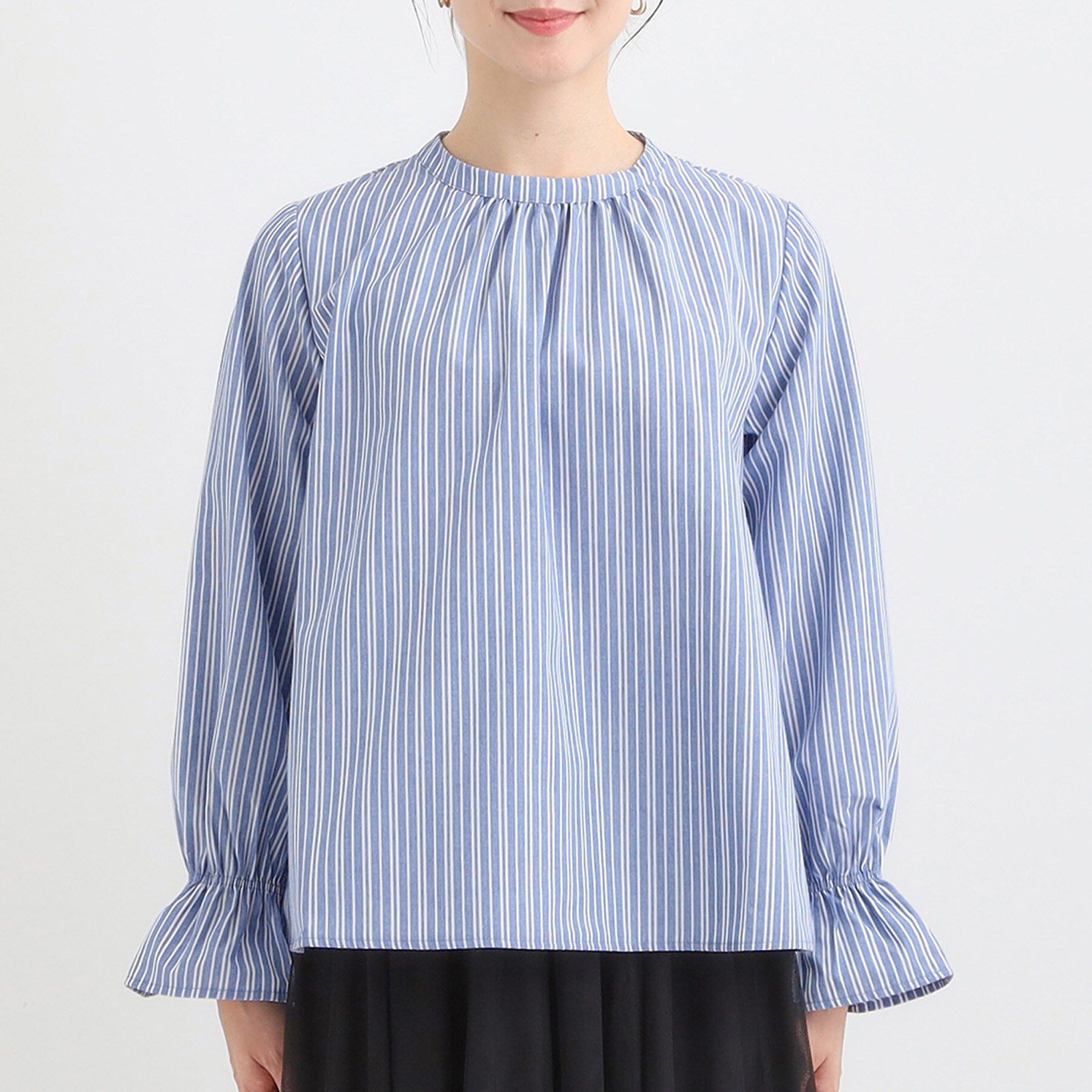 SHOO･LA･RUE「【S-LL】キャンディースリーブが女性らしい マルチストライプブラウス」|シャツ・ブラウス|