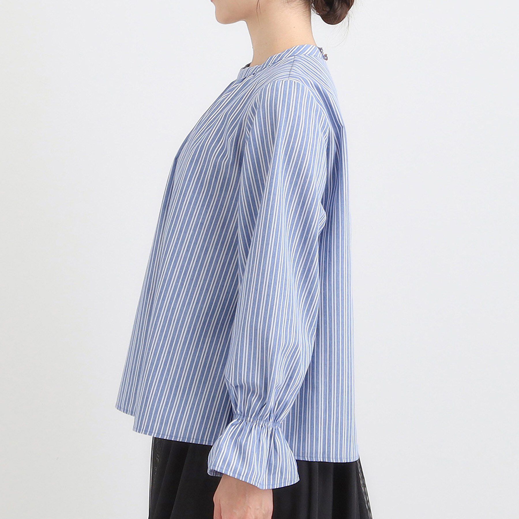 SHOO･LA･RUE「【S-LL】キャンディースリーブが女性らしい マルチストライプブラウス」|シャツ・ブラウス|