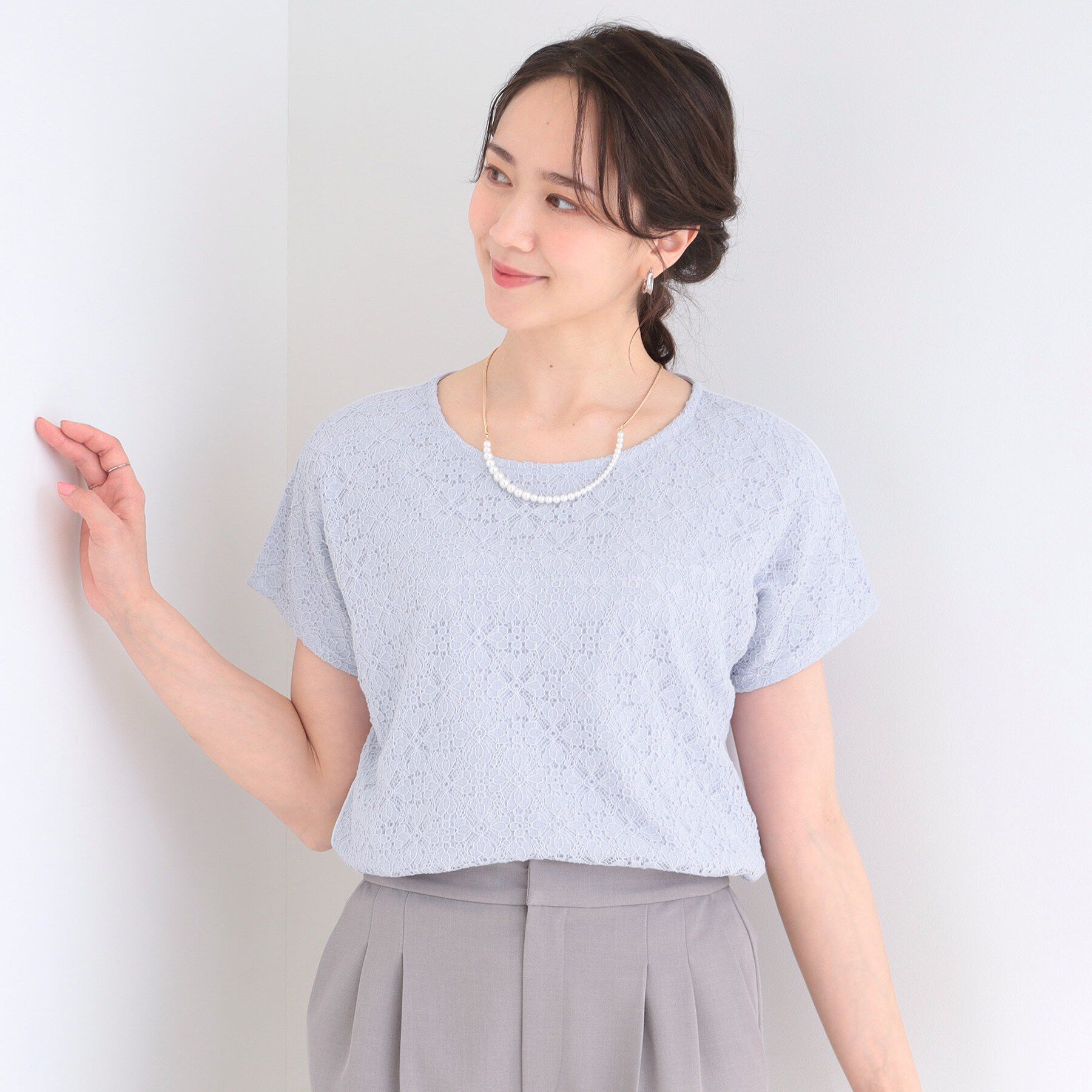 SHOO･LA･RUE「【UV/S-LL/洗濯機可】レース切替で華やかに 大人の選ぶ上品Tシャツ」|Tシャツ・カットソー|