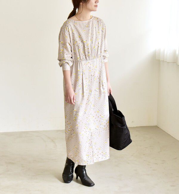 quaranciel「quaranciel: ドット フラワー プリント Iライン ギャザー ワンピース」|ワンピース|
