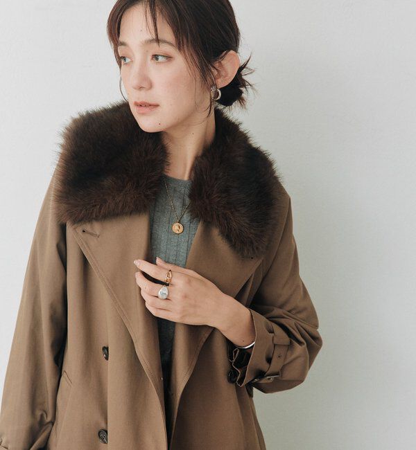  「【A・MONN】ファー付きオープンカラーコート」|その他|ブラウン