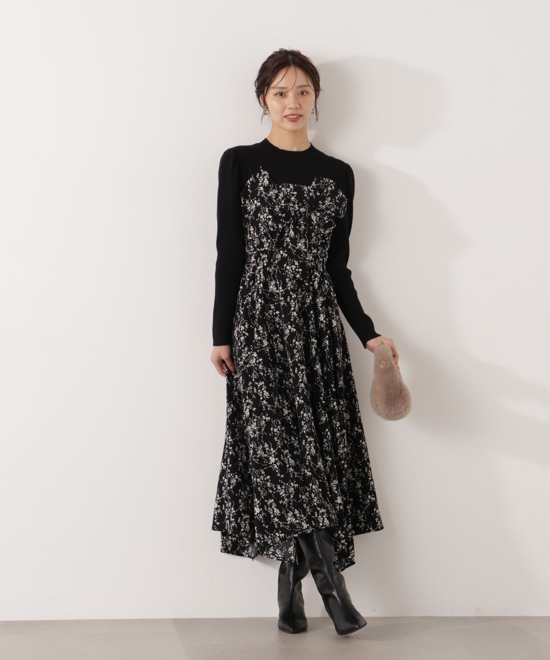 PROPORTION BODY DRESSING「フロントリボン花柄ドッキングワンピース　26SS」|ワンピース|