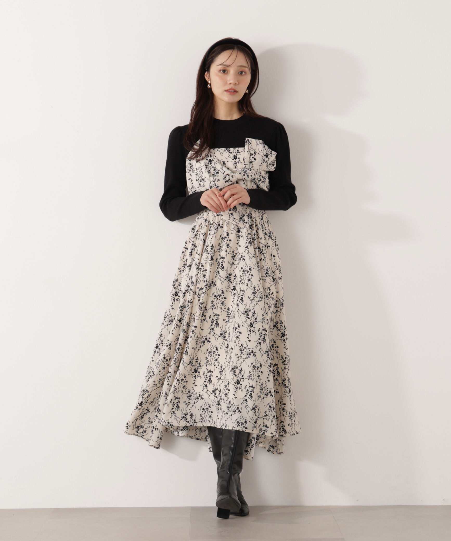 PROPORTION BODY DRESSING「フロントリボン花柄ドッキングワンピース　26SS」|ワンピース|