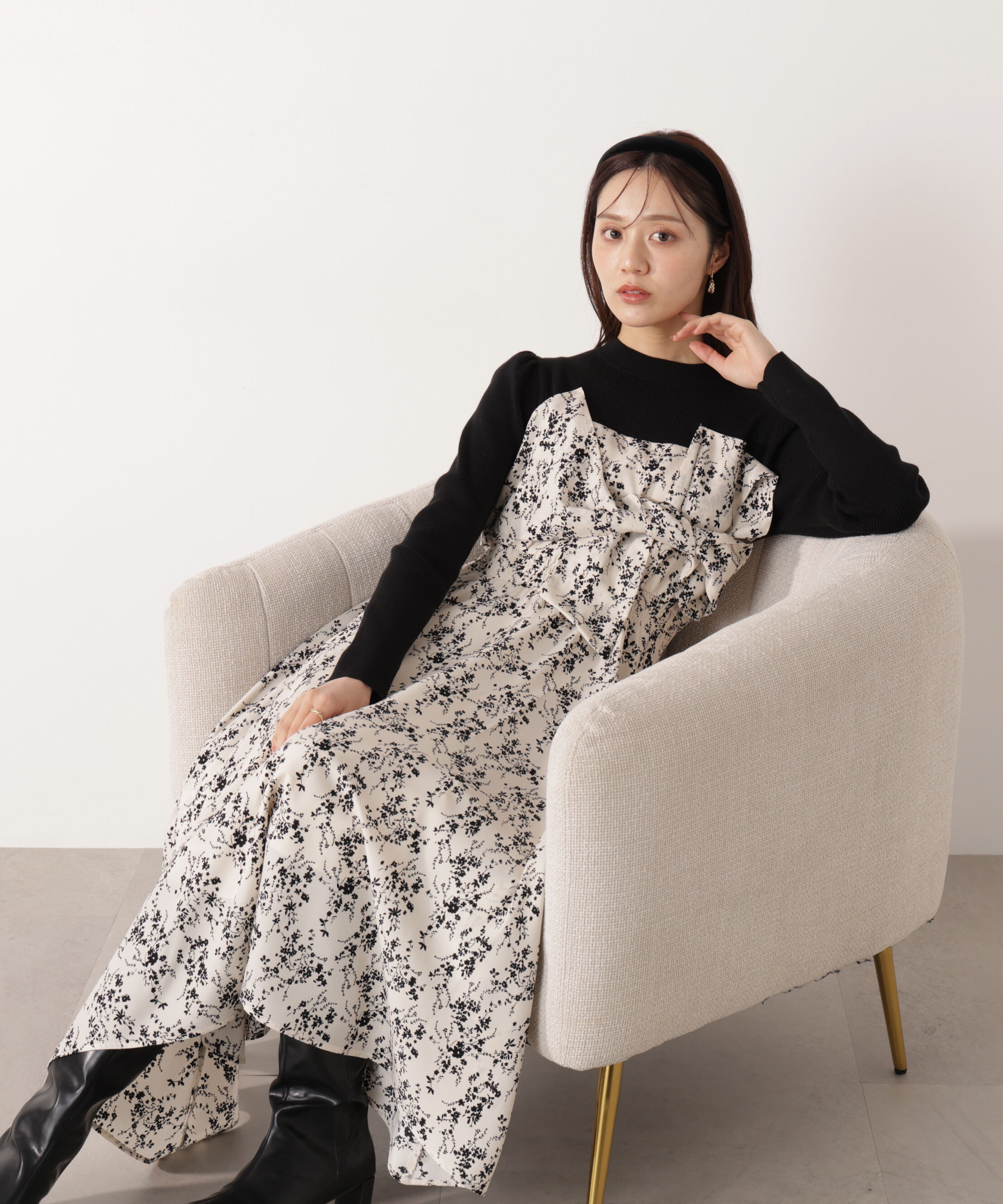 PROPORTION BODY DRESSING「フロントリボン花柄ドッキングワンピース　26SS」|ワンピース|