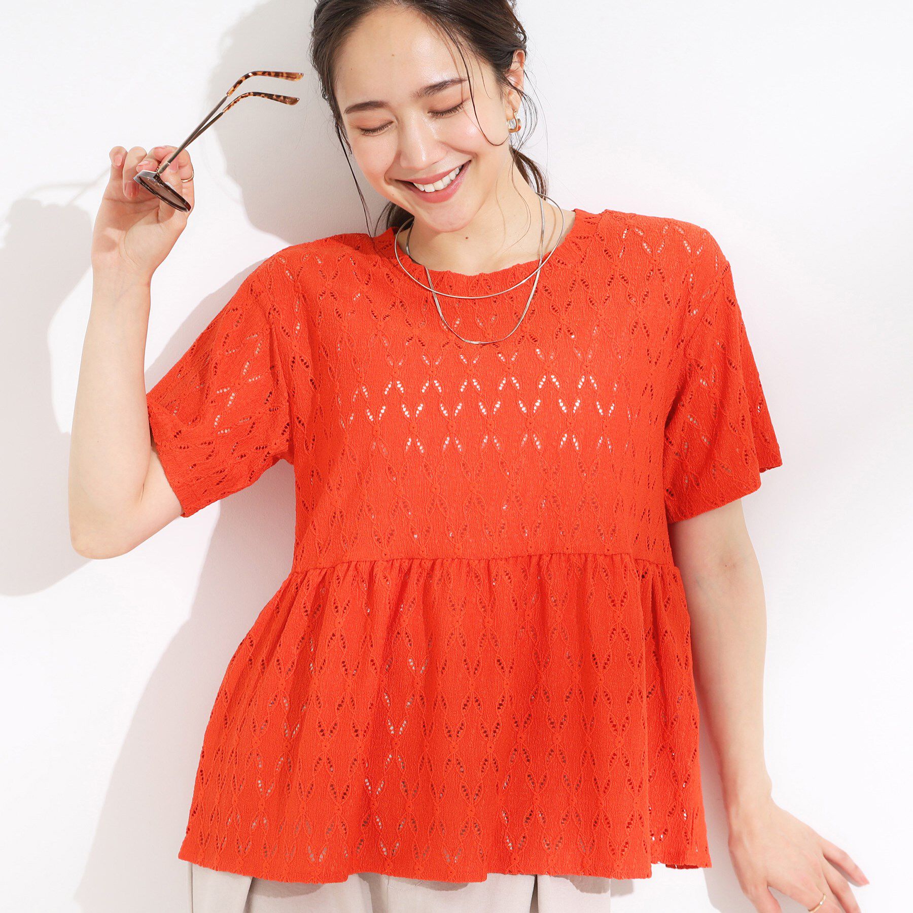 SHOO･LA･RUE「【S-LL】インせず決まる レースペプラムトップス」|Tシャツ・カットソー|オレンジ(065)