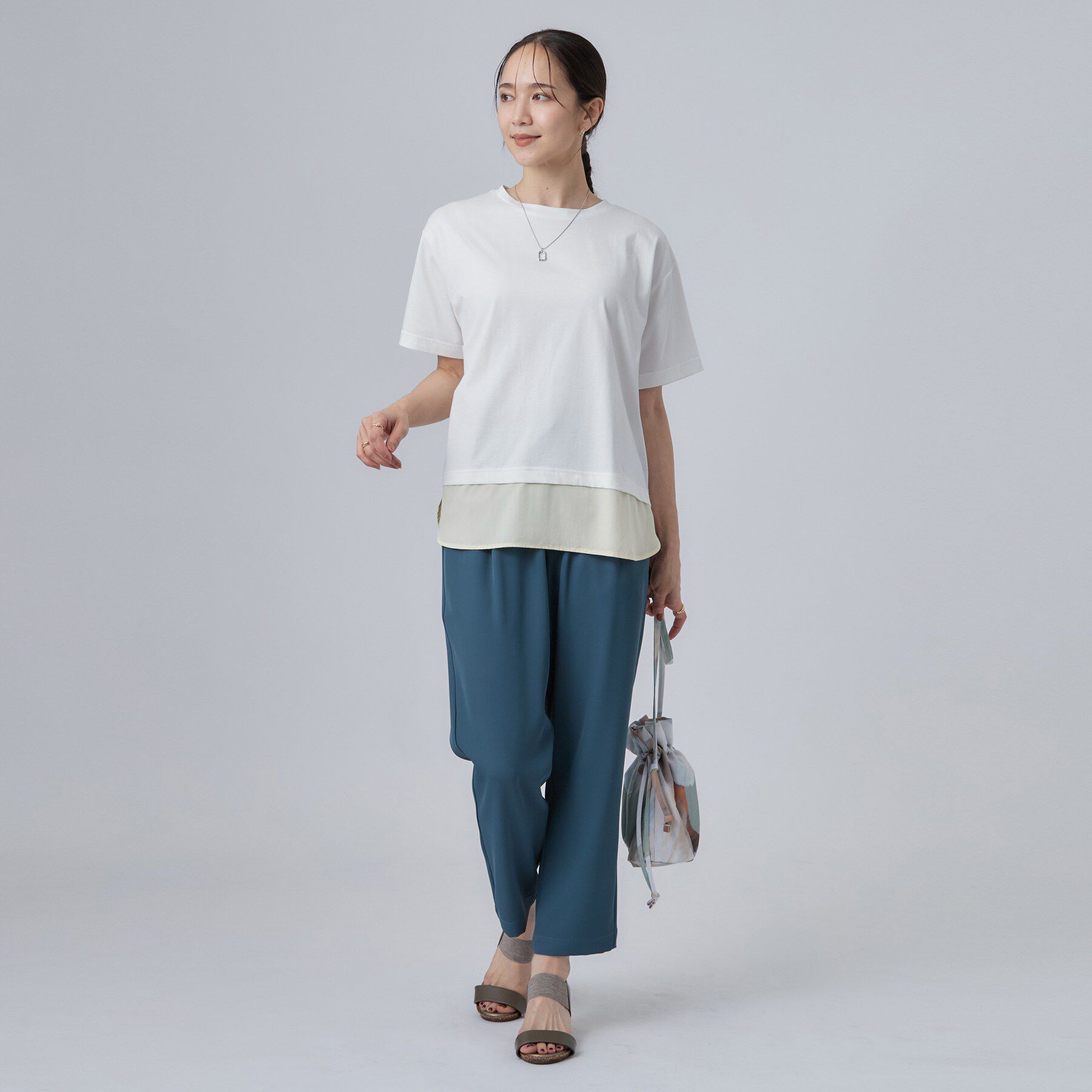 SHOO･LA･RUE「【体型カバー/S-LL/洗濯機可】インせず着られる 異素材ドッキングTシャツ」|Tシャツ・カットソー|