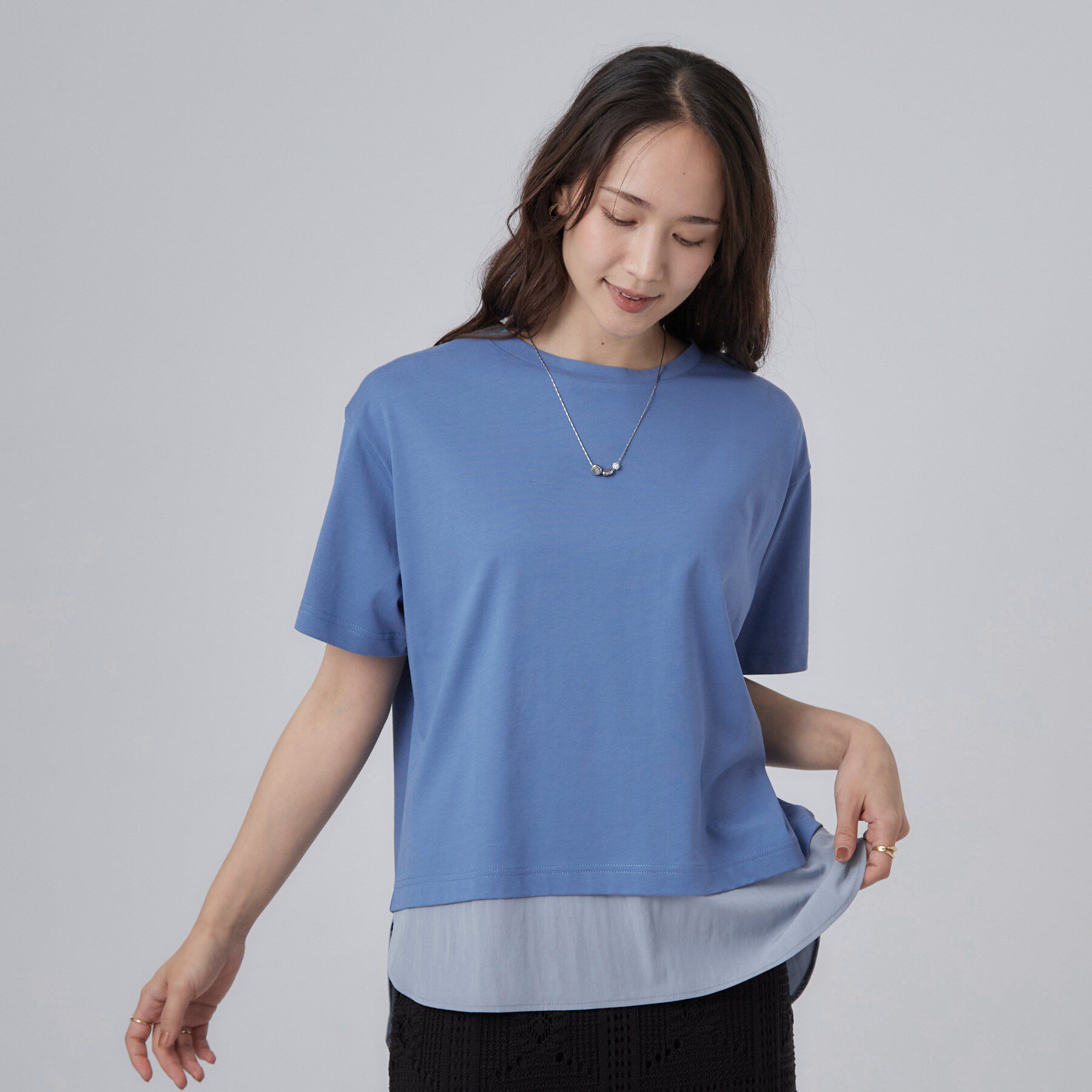SHOO･LA･RUE「【体型カバー/S-LL/洗濯機可】インせず着られる 異素材ドッキングTシャツ」|Tシャツ・カットソー|