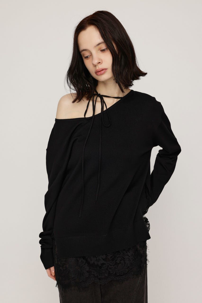 SLY「LACE TRIM V NECK KNIT トップス」|ニット・セーター|BLK