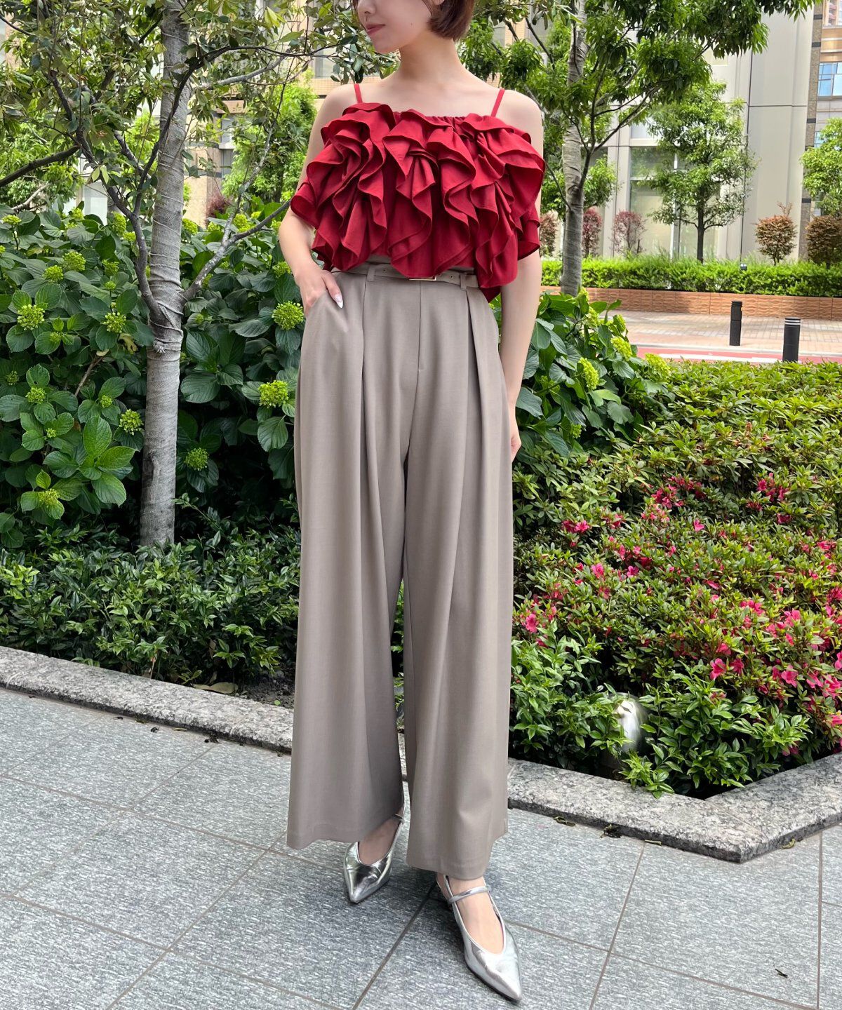 アンドクチュール「ベルト付きタックワイドパンツ」|その他|カーキ