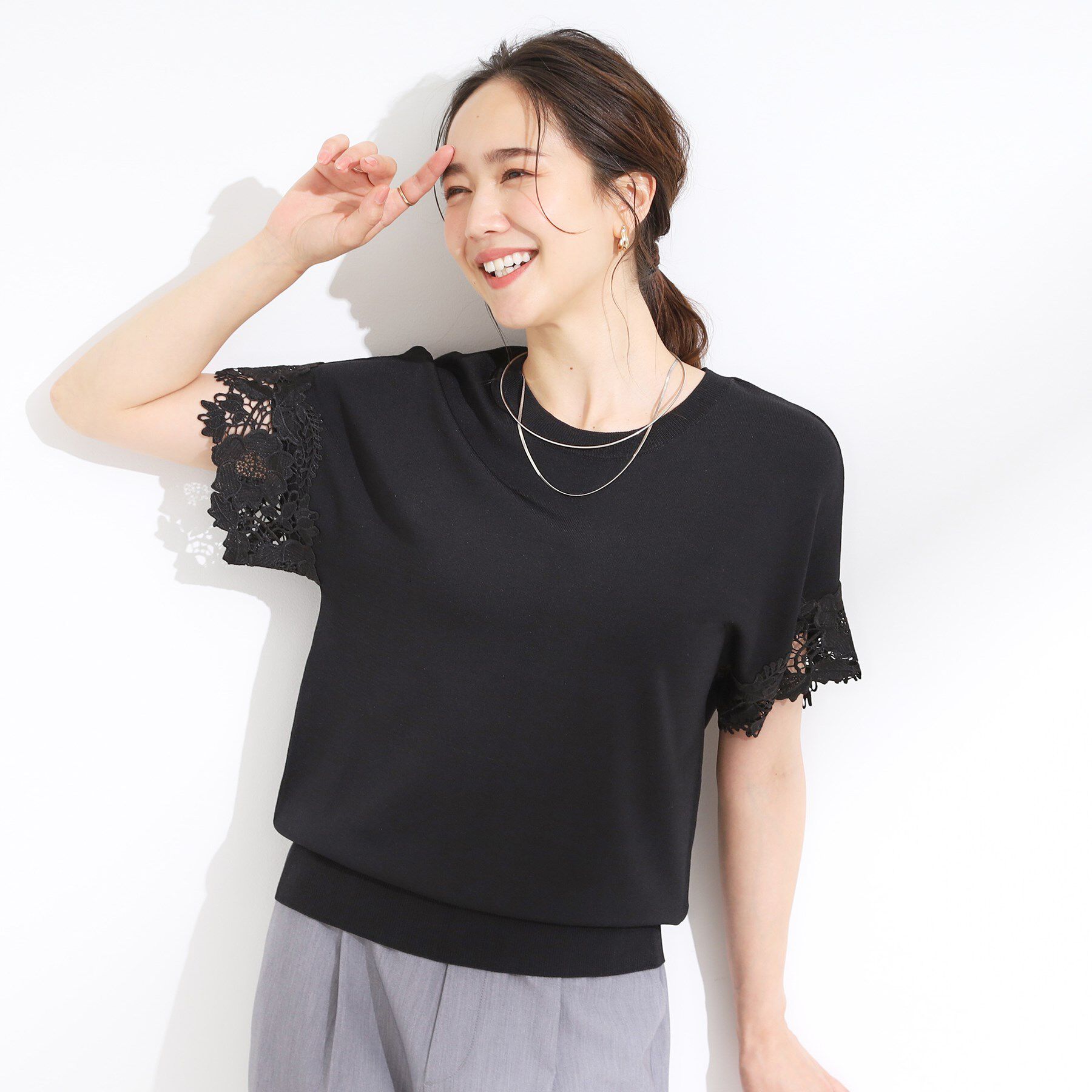 SHOO･LA･RUE「【S-LL/ひんやり/UV/】大人上品な お袖レースニット」|ニット・セーター|