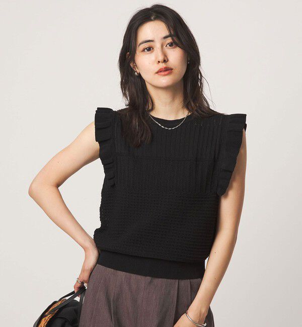 UNITED ARROWS green label relaxing「フリル ノースリーブ ニット」|ニット・セーター|BLACK