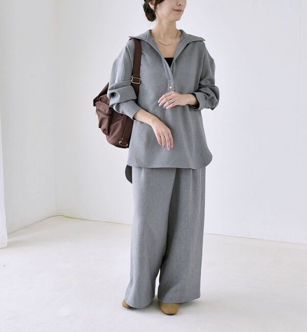 quaranciel「〈洗濯機可能〉ウールライク Vネック スキッパー シャツ & ワイド パンツ セットアップ」|ワンピース|グレー