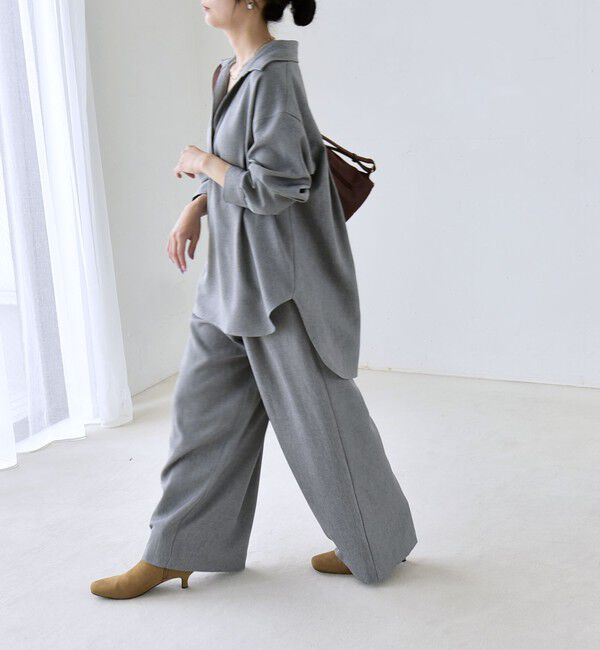 quaranciel「〈洗濯機可能〉ウールライク Vネック スキッパー シャツ & ワイド パンツ セットアップ」|ワンピース|