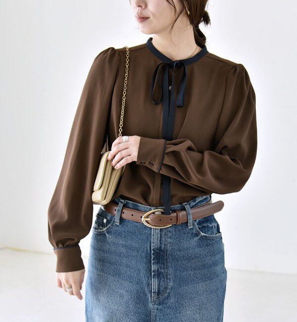 quaranciel「《一部追加予約》〈洗濯機可能〉ジョーゼット リボンタイ バイカラー ブラウス」|シャツ・ブラウス|