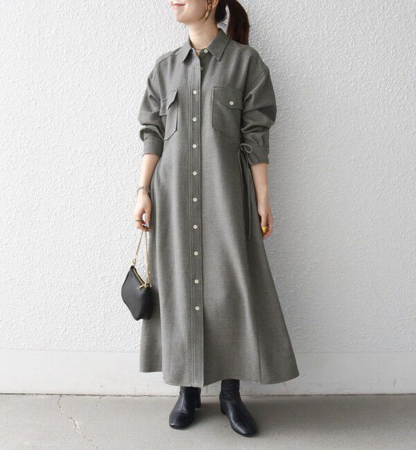 SHIPS any「《予約》〈洗濯機可能〉ウールライク ポケット フレア ロング ワンピース［NAVY BLUE］」|ワンピース|グレー