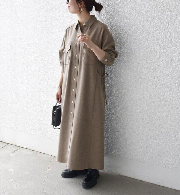 SHIPS any「《予約》〈洗濯機可能〉ウールライク ポケット フレア ロング ワンピース［NAVY BLUE］」|ワンピース|ブラウン