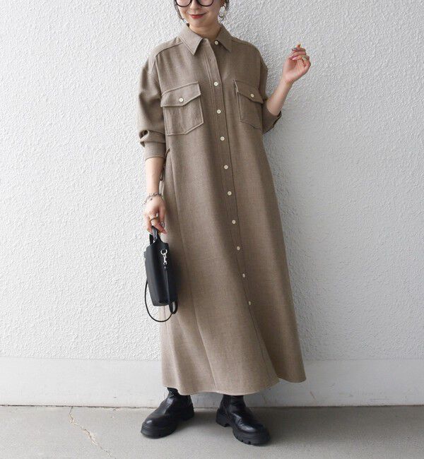 SHIPS any「《予約》〈洗濯機可能〉ウールライク ポケット フレア ロング ワンピース［NAVY BLUE］」|ワンピース|