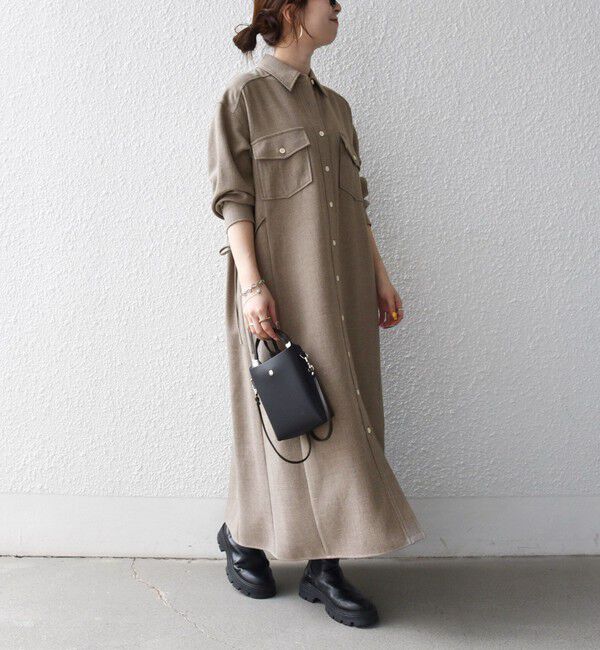SHIPS any「《予約》〈洗濯機可能〉ウールライク ポケット フレア ロング ワンピース［NAVY BLUE］」|ワンピース|