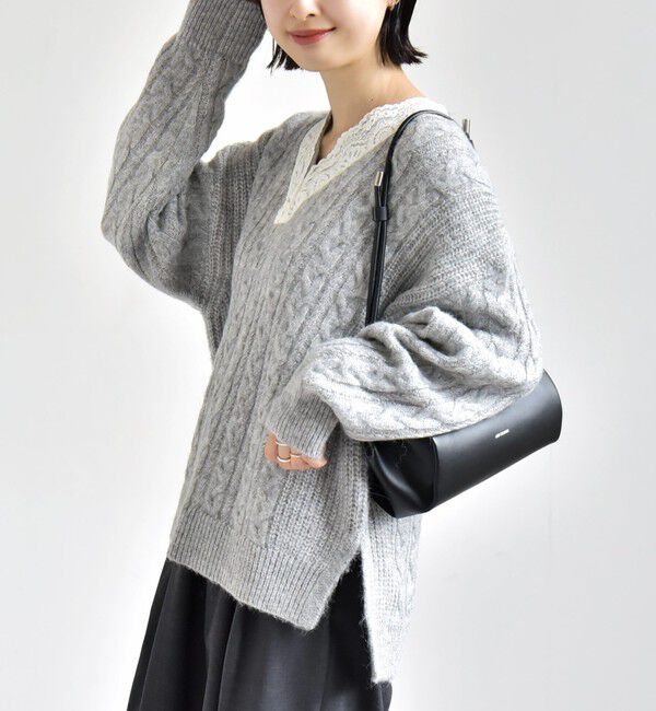SHIPS for women「《予約》【WEB限定】〈手洗い可能〉レース ネック ラメ ケーブル Vネック ニット」|ニット・セーター|ライトグレー