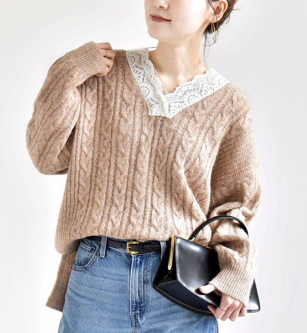 SHIPS for women「《予約》【WEB限定】〈手洗い可能〉レース ネック ラメ ケーブル Vネック ニット」|ニット・セーター|