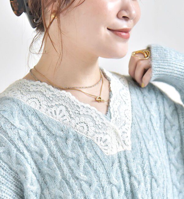 SHIPS for women「《予約》【WEB限定】〈手洗い可能〉レース ネック ラメ ケーブル Vネック ニット」|ニット・セーター|