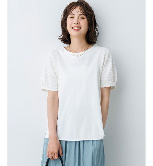 組曲「パフジャカードコンビジャージー パフスリーブカットソー」|Tシャツ・カットソー|ホワイト系