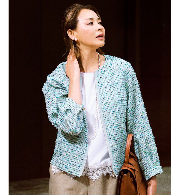 自由区「【SHIHOさん着用・顔まわり華やか・軽やか】シアースラブジャガード ジャケット」|ノーカラージャケット|