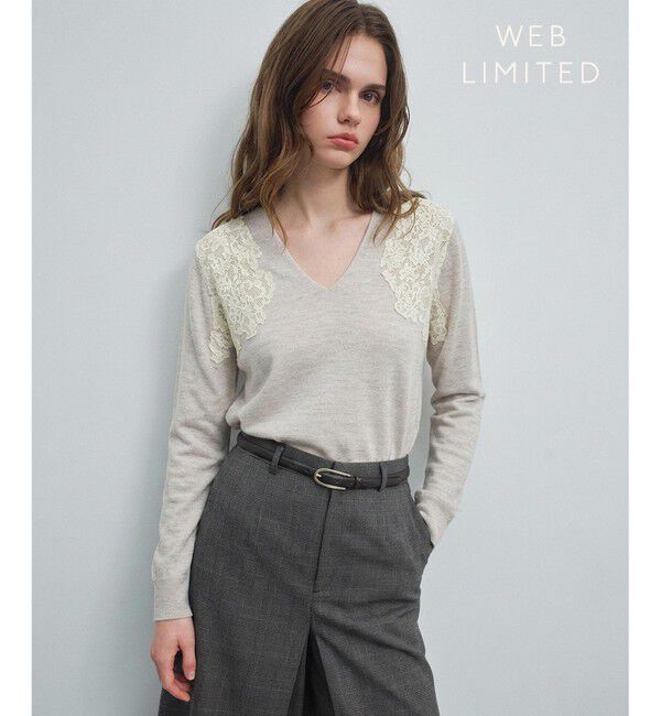 BEIGE,「【WEB限定】REMINGTON / レースコンビ Vネックニット」|ニット・セーター|Oatmeal