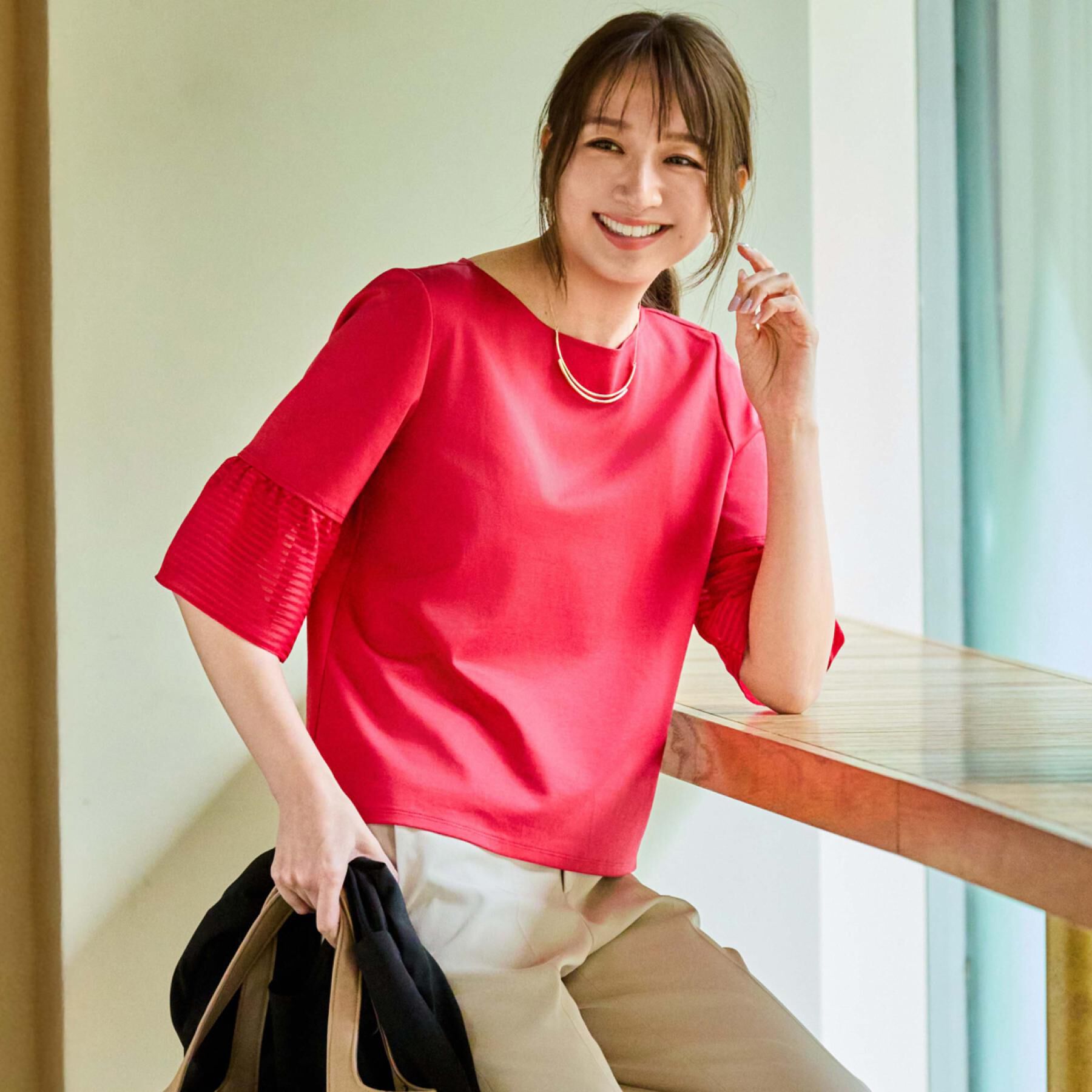 COUP DE CHANCE「【5分袖／日本製／接触冷感】異素材ドッキングカットソー」|Tシャツ・カットソー|