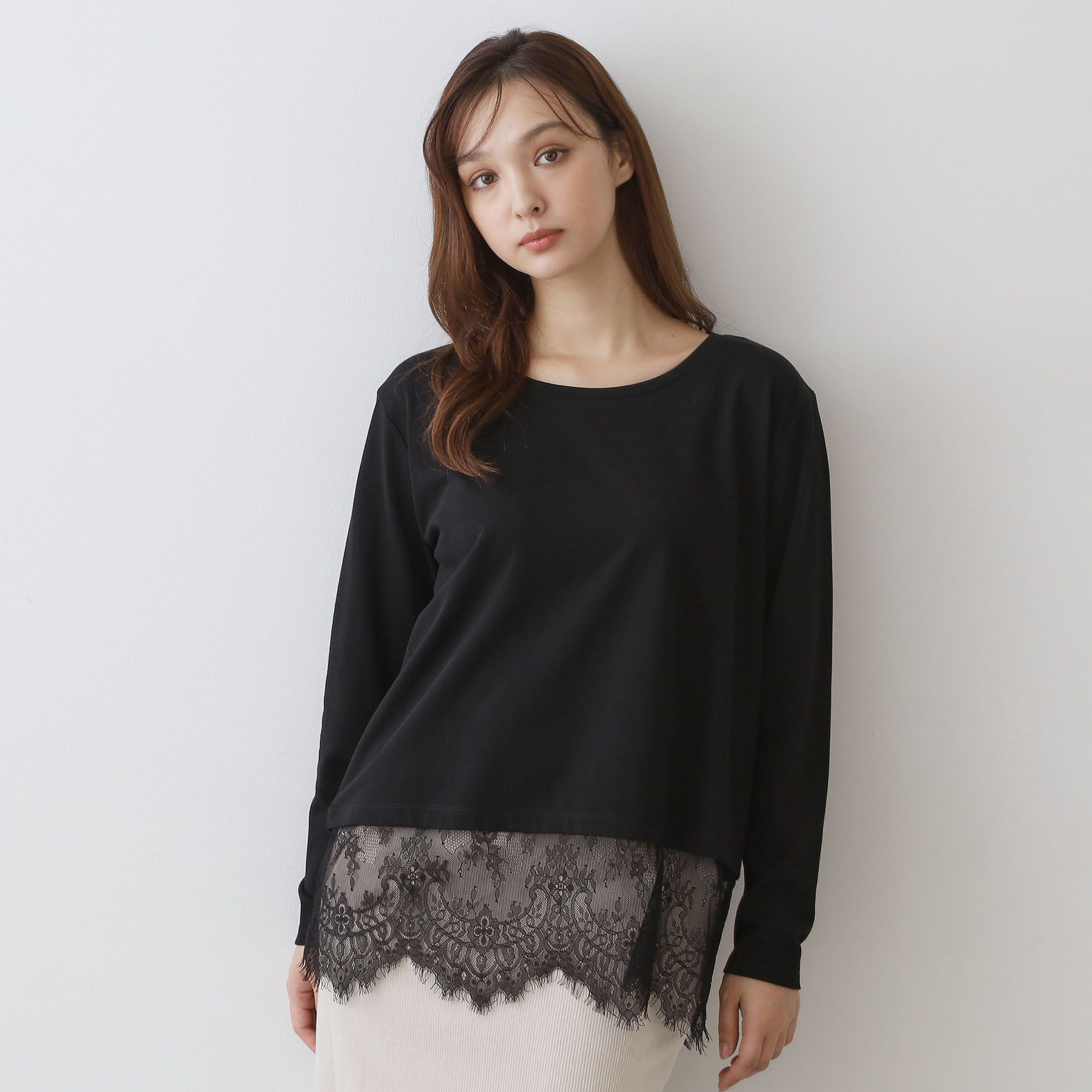 DRESSTERIOR「レースヘム ロングスリーブプルオーバー」|Tシャツ・カットソー|ブラック(019)