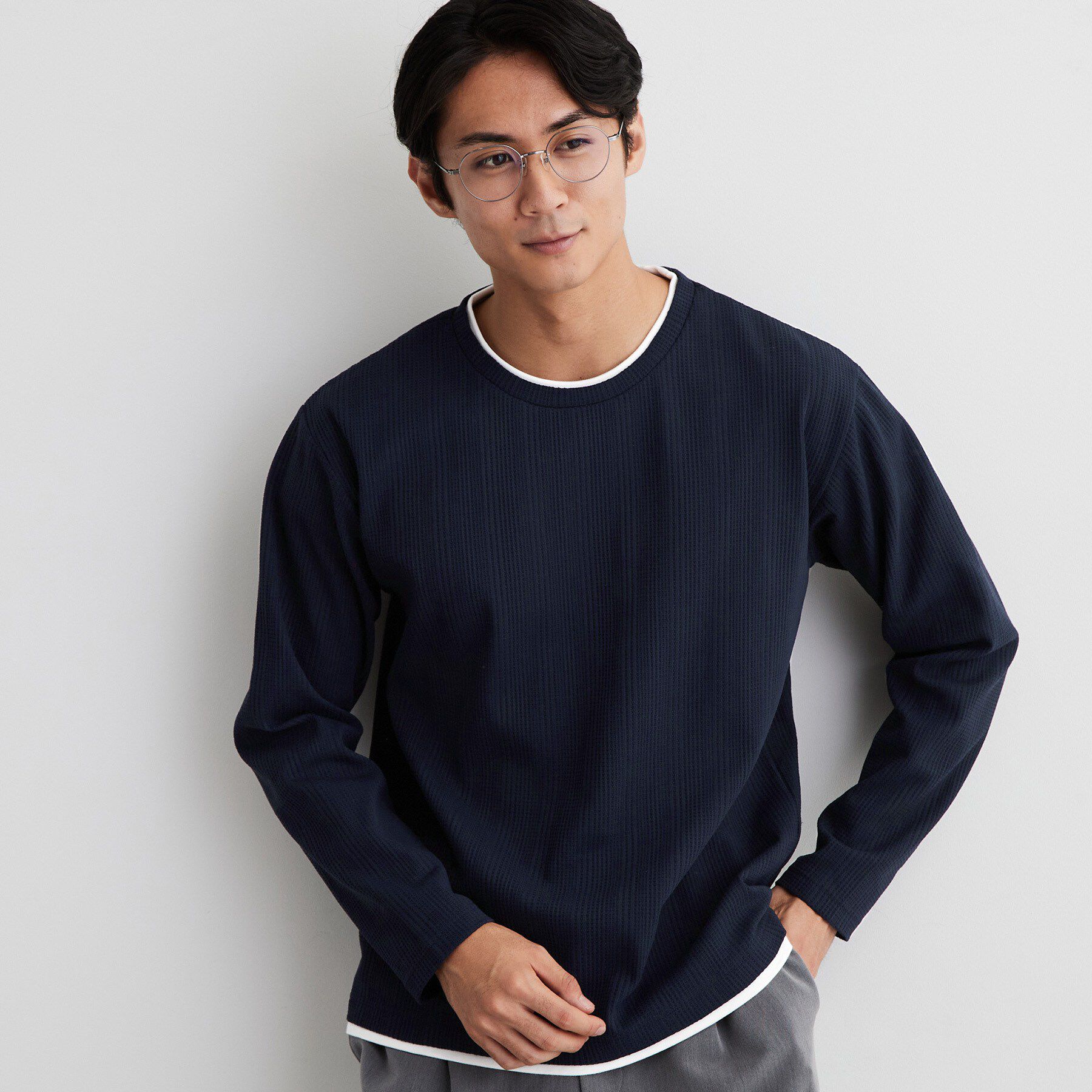THE SHOP TK「【洗濯機OK】ワッフル レイヤード 長袖Tシャツ」|Tシャツ・カットソー|ネイビー(094)