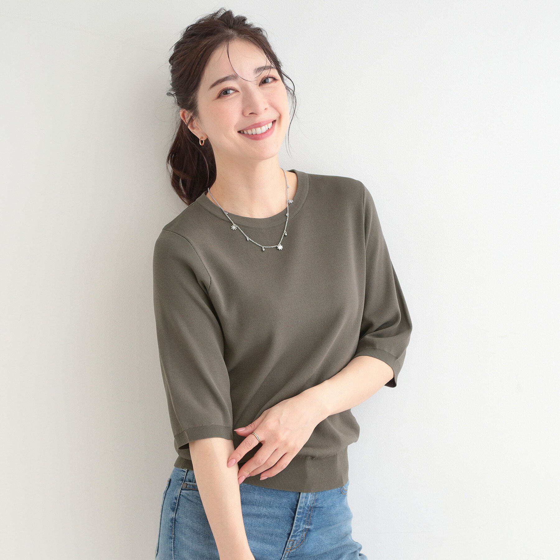 SHOO･LA･RUE「【毎日洗える/S-LL/UV】上半身すっきり 二の腕見せない5分袖ニット」|ニット・セーター|