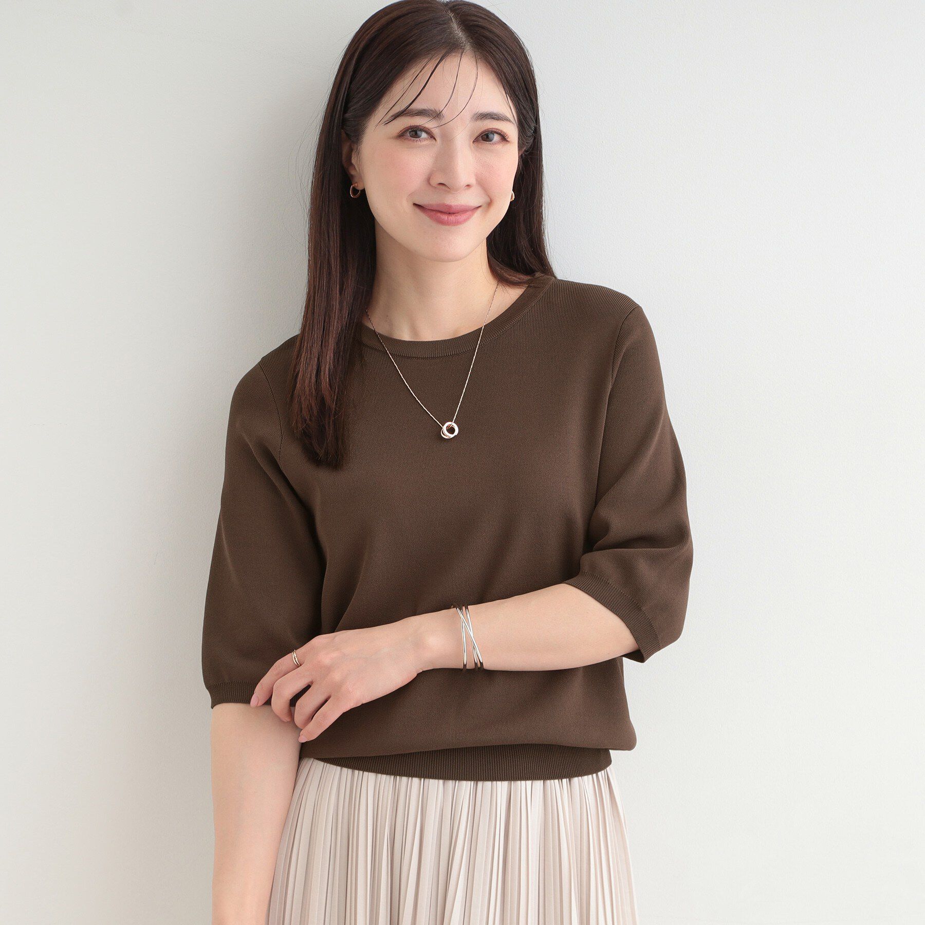 SHOO･LA･RUE「【毎日洗える/S-LL/UV】上半身すっきり 二の腕見せない5分袖ニット」|ニット・セーター|