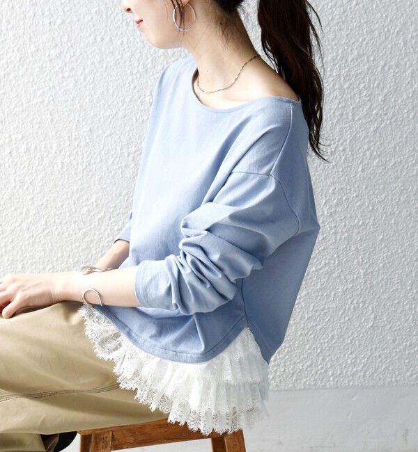 SHIPS any「〈洗濯機可能〉レース ヘム アシンメトリー ロングスリーブ TEE」|Tシャツ・カットソー|ブルー