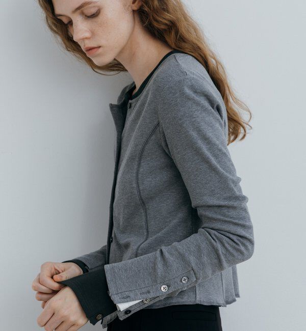  「〈NUE〉袖ボタンノーカラーリブカーディガン」|Tシャツ・カットソー|