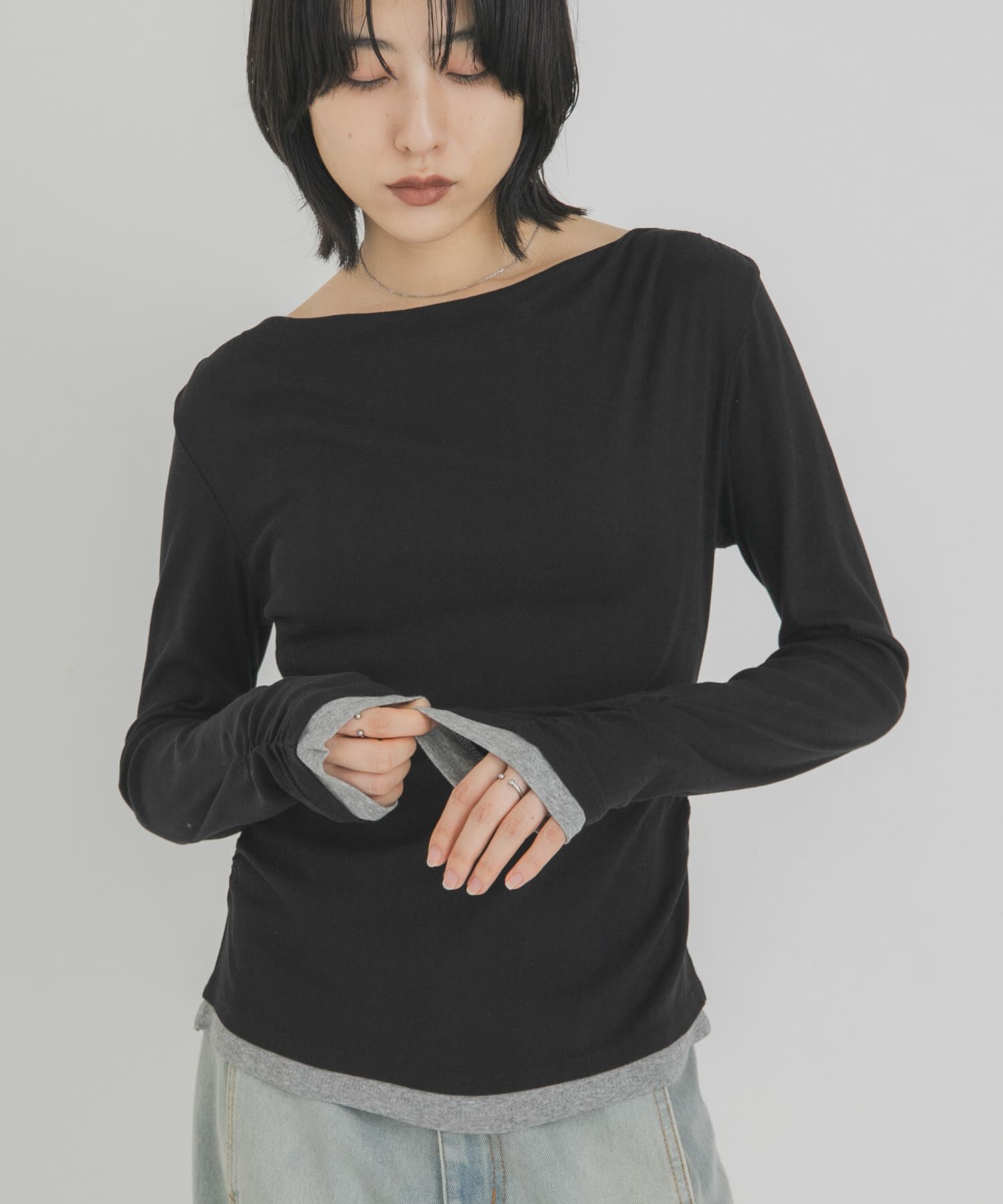  「バイカラードレープトップス」|Tシャツ・カットソー|ブラック系その他