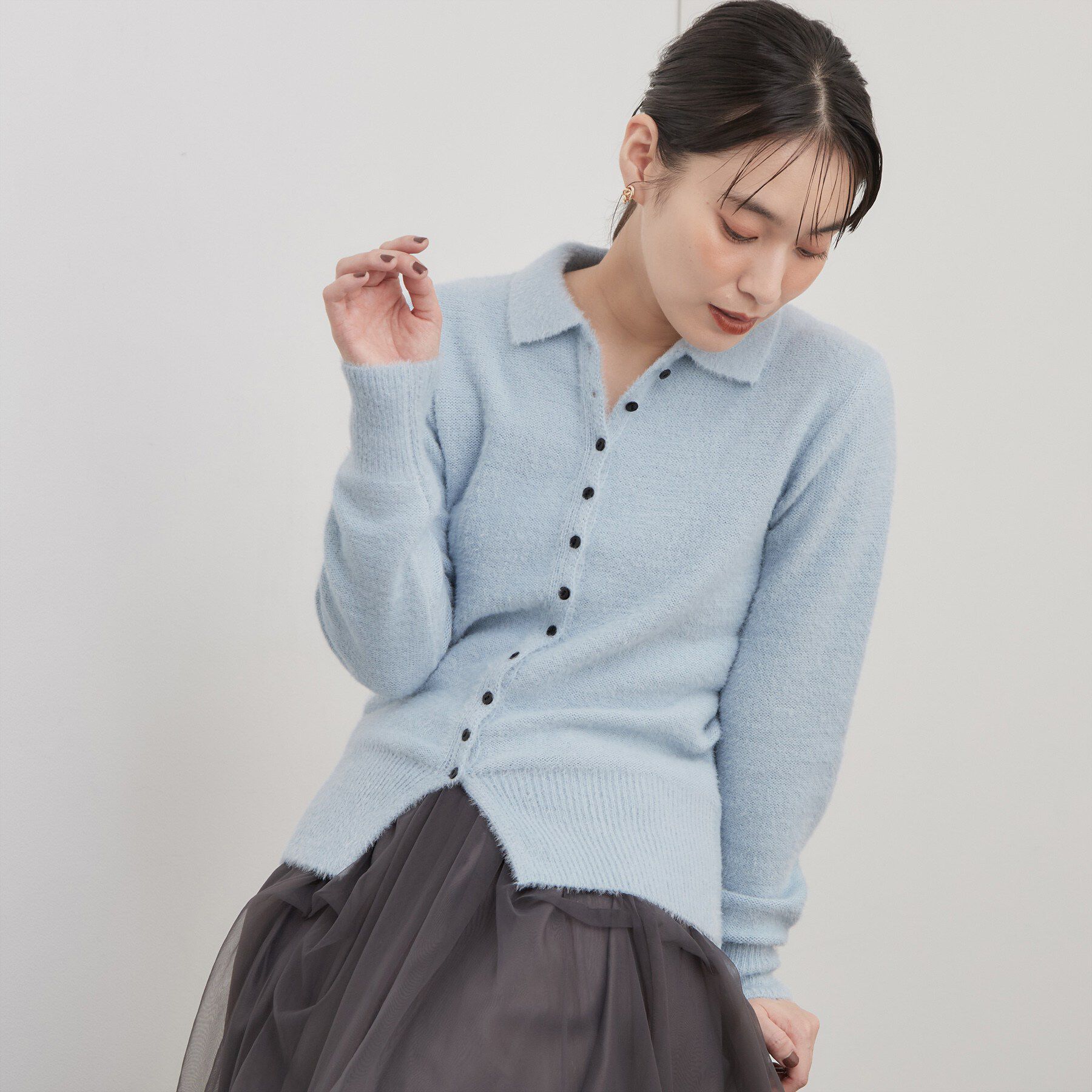 OPAQUE.CLIP「シャギー衿付きニット【洗濯機OK】」|ニット・セーター|サックスブルー(09