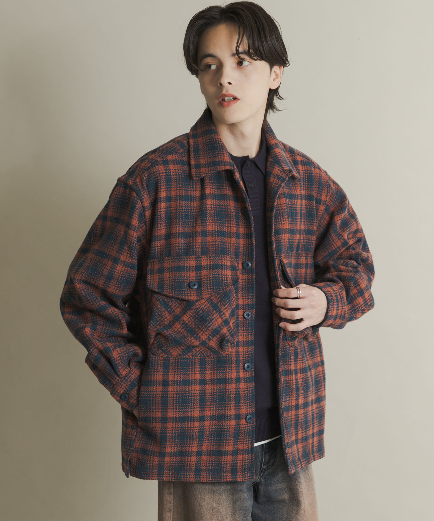 SENSE OF PLACE by URBAN RESEARCH「ヘビーネルチェックシャツジャケット」|ノーカラーコート|