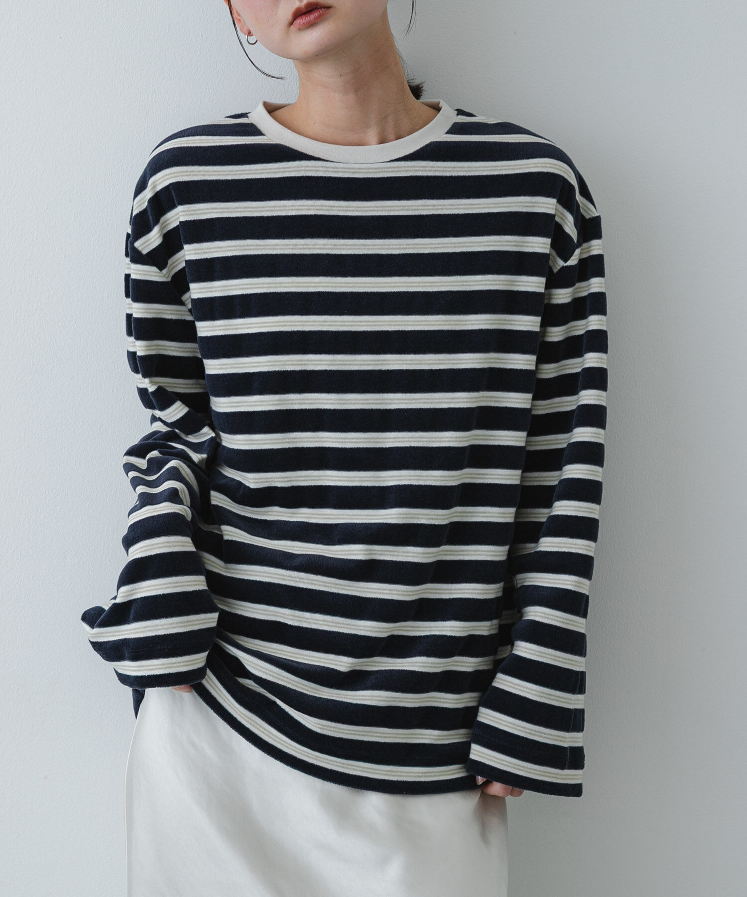 SENSE OF PLACE by URBAN RESEARCH「ベロアボーダーTシャツ」|Tシャツ・カットソー|ネイビー