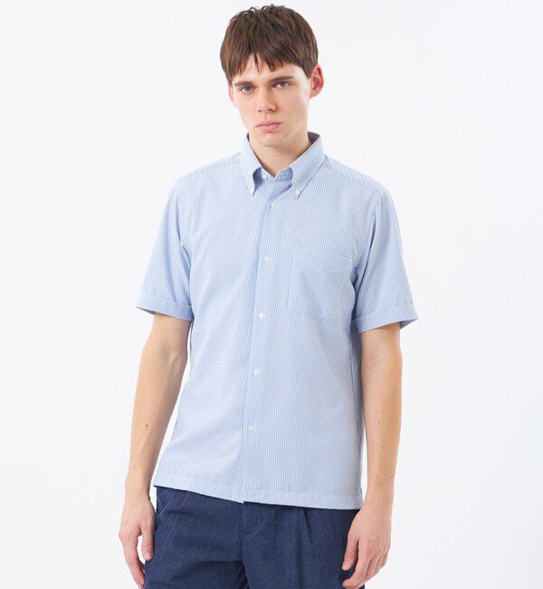 MACKINTOSH PHILOSOPHY「【WEB&一部店舗限定】トロッター スクエアボタンダウン半袖シャツ サッカーストライプ」|シャツ・ブラウス|ブルー