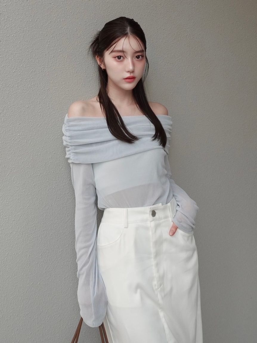FRAY I.D「【ウォッシャブル】オフショルフロッキーチュールトップス」|Tシャツ・カットソー|