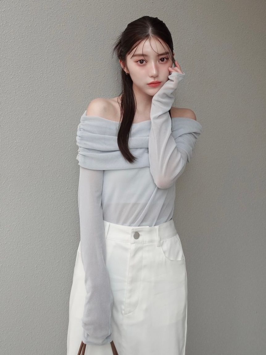 FRAY I.D「【ウォッシャブル】オフショルフロッキーチュールトップス」|Tシャツ・カットソー|