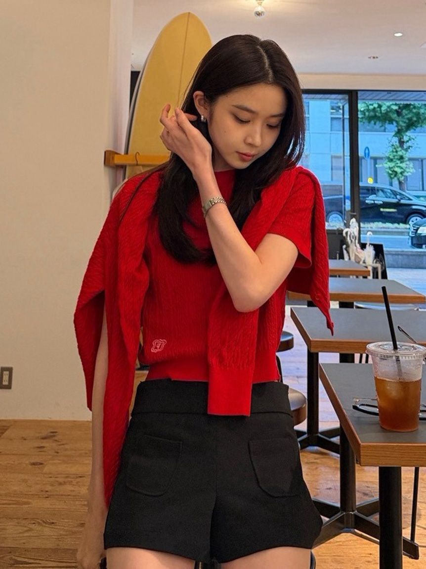 FRAY I.D「【ウォッシャブル】ハーフスリーブケーブルニットトップ」|ニット・セーター|RED